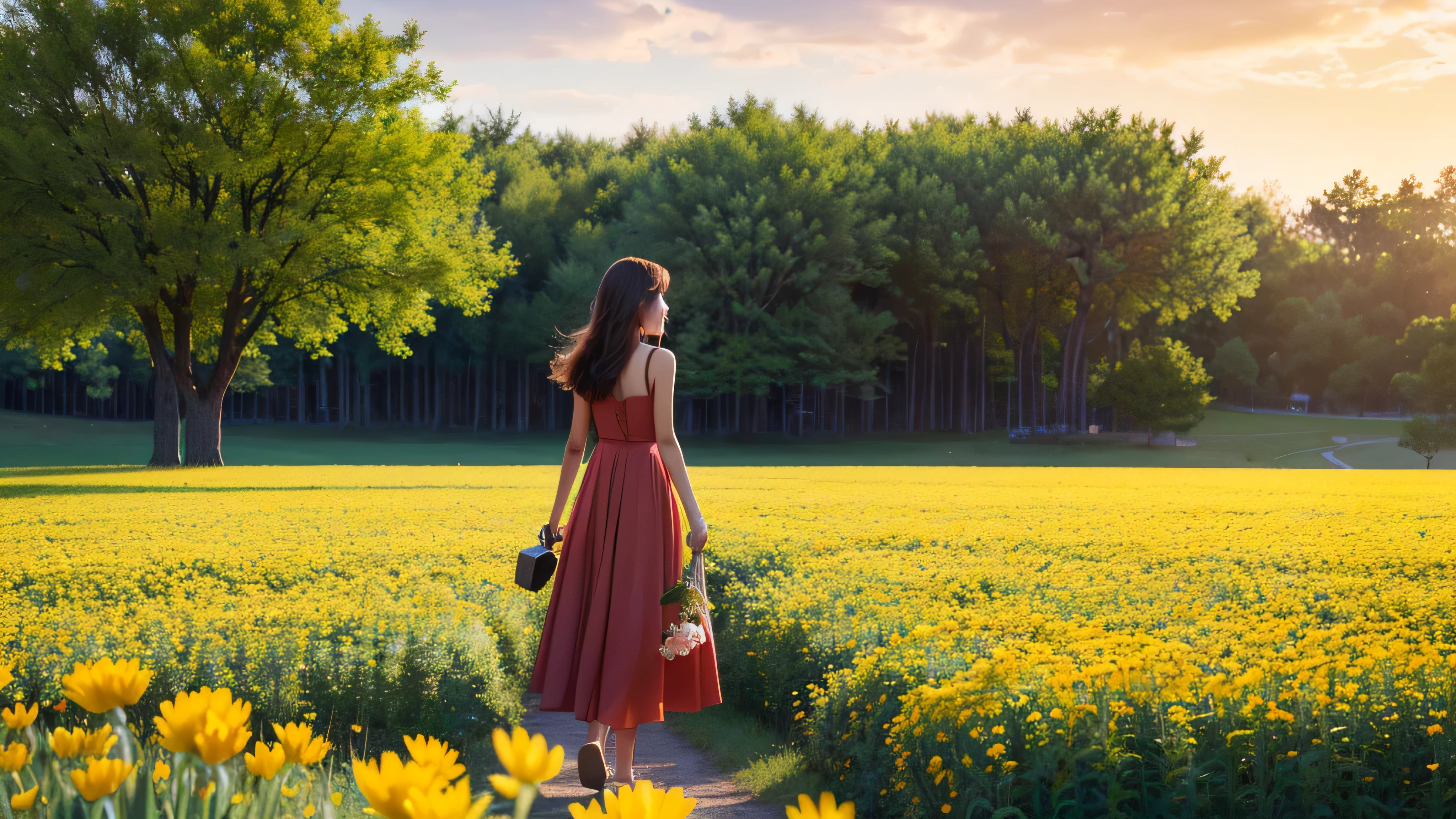 sunset, there is a little girl in a red and white dress holding a bouquet, girl in flowers, picking flowers, holding flowers, picking up a flower, girl standing in flower field, girl standing in a flower field, flowers on heir cheeks, girl in a flower field, portrait of girl in flower field, girl walking in forest, girl with a flower head. ((extremely wide shot:1.15)), a man on a bridge looking at a scifi city in the distance in the background, ((back view)), ((full body)), magnificent scene, detailed environment, highly detailed environmentdeep path Equirectangular Circuit (((epic UnrealEngine5 Ultra tMasterpiece ultra_high-definition ultra Professional Photorealistic optimal ultra_sharp-focus max ultra_high-quality opengl-shaders symmetrical ultra_high-details accurate reflex ultra_high-resolution perfection volumetric Cinematic_Sunlight improved Octane_render XT3 DSLR 3dcg shadow, analogiques, extatiques, saturate, reflection))) dazzling Will-o'-the-wisp global luminescence --v 6 --s 1000 --c 20 --q 5 --chaos100