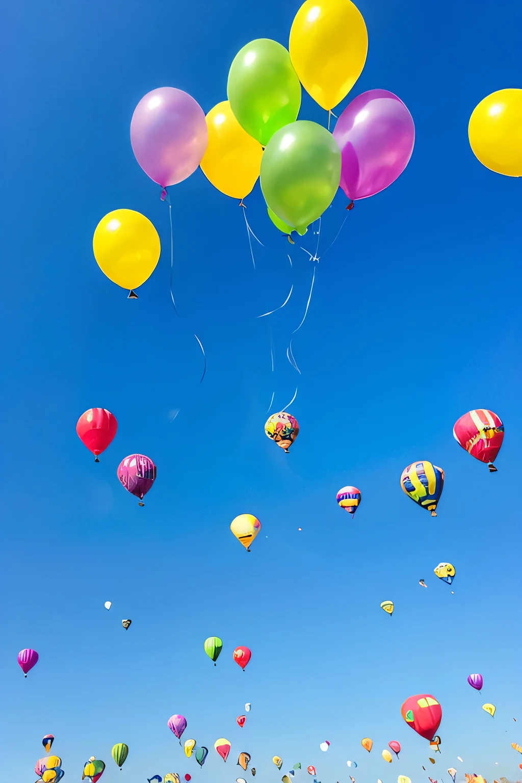A picture of 100 balloons floating in a beautiful blue sky