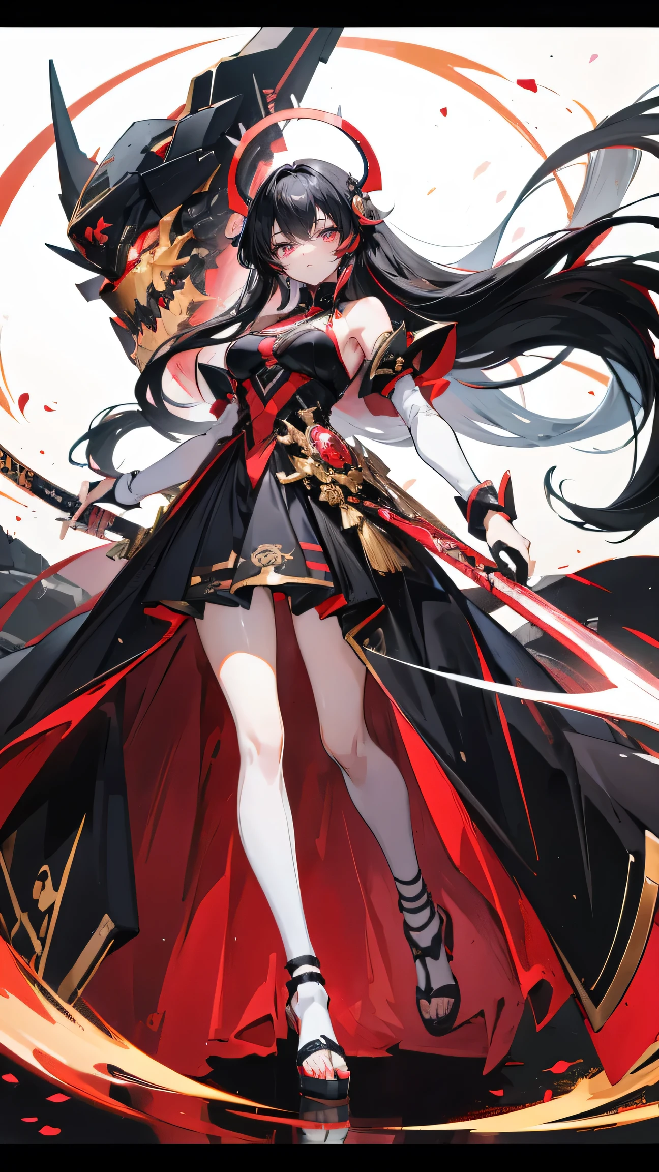 Anime girl, full body, very long hair, half white and half black hair, right eye color black, left eye color golden, black and red dress, mecha, sakura haruka, long katana