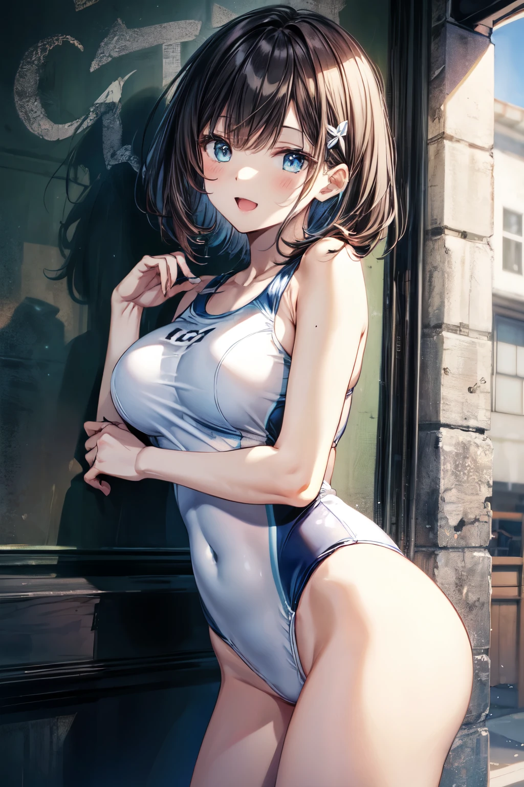 an extremely delicate,
beautiful girl,
break,
8k,
best quality,
masterpiece,
ultra hires,
ultra detailed girl,
super fine illustration,
break,
active pose,
street,
shiny,
bright,
rim lighting,
break,
1girl,
solo,
college age,
perfect female body,

black hair,
short hair,
bangs hairpin,
asymmetrical bangs,


round face,
PaleTurquoise eyes,
sleepy,
(smile:0.8),
medium breasts,
open mouth,

break,
(white school swimsuit:1.4),