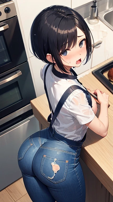 (woman in skinny tight light blue jeans), (long jeans), (apron), standing, kitchen, from above, ((stick out ass)), hands on table, slim, slender, 28 years old, short bob cut, black hair, nose blush, wet eyes, round mouth, open mouth, drool, hard sweat, (2D), (((sfw))), cameltoe, hard nipple