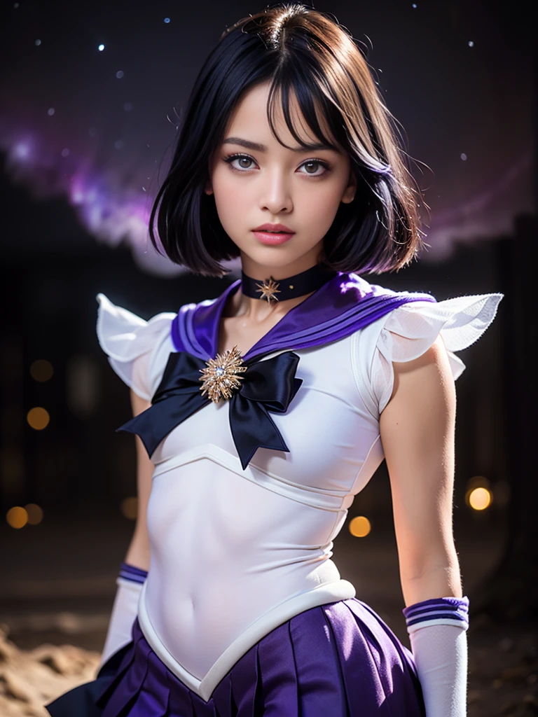 (masterpiece, best quality:1.4), (Nebula background), (full body shot), (erotic pose:1.5), 1 woman, alone, (European youth:1), sailor saturn, tiara, Sailor Senshi Uniform, purple sailor collar, pleated skirt, elbow gloves, bijouterie, brooch, choker, black short hair, (purple eyes:1.5), beautiful face, very detailed face, very detailed eyes, highly detailed skin, skin pores, underground spawning, realistic pupils, The whole face is blushing, full lips, detailed background, depth of field, volumetric lighting, sharp focus, absurd, realistic proportions, good anatomy, (realistic, hyperrealistic:1.4), 16K HDR,