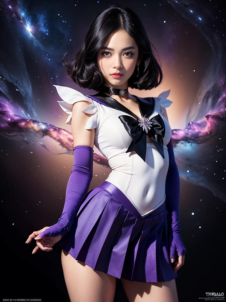 (masterpiece, best quality:1.4), (Nebula background), (full body shot), (erotic pose:1.5), 1 woman, alone, (European youth:1), sailor saturn, tiara, Sailor Senshi Uniform, purple sailor collar, pleated skirt, elbow gloves, bijouterie, brooch, choker, black short hair, (purple eyes:1.5), beautiful face, very detailed face, very detailed eyes, highly detailed skin, skin pores, underground spawning, realistic pupils, The whole face is blushing, full lips, detailed background, depth of field, volumetric lighting, sharp focus, absurd, realistic proportions, good anatomy, (realistic, hyperrealistic:1.4), 16K HDR,