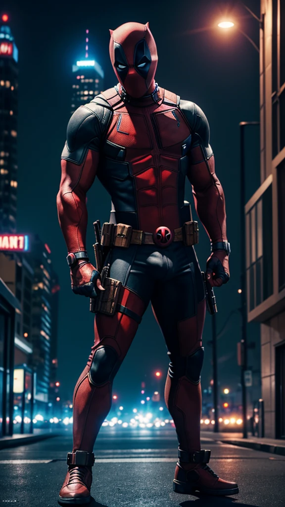 Marvel anti hero Deadpool, full body, Muscular, nice abs and biceps, holding a pistol, visible thick circumcised dick print in crotch area, in a city background at night, cinematic photography, UHD, HDR