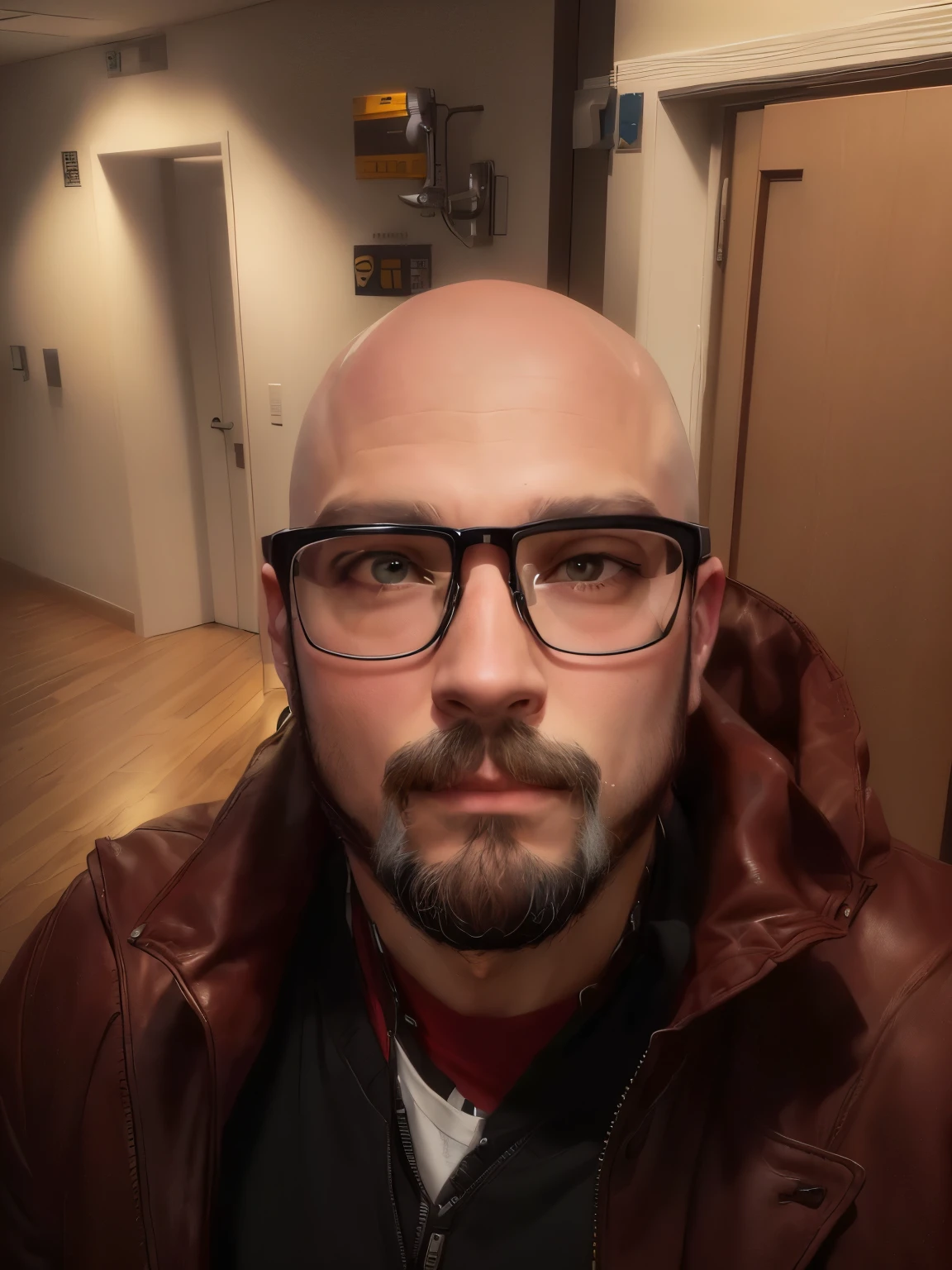 there is a man with glasses and a beard in a hallway, with glasses and goatee, bald with short beard, no hair completely bald, with nerdy glasses and goatee, shaved head, shaven stubble, 8k selfie photograph, with nerdy! glasses! and goatee, bald man, taken in the early 2020s