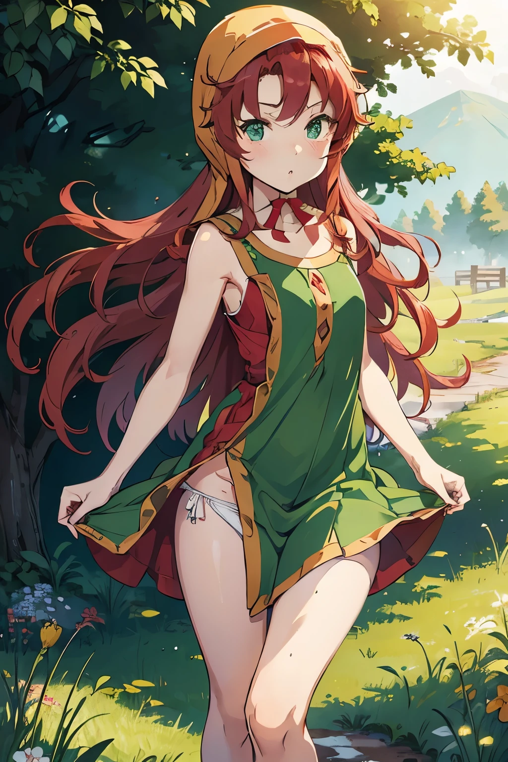 High resolution、highest quality、Small stature、Small shoulders、White skin、long hair、slender、maribel、 red hair、hood, (green dress)、Green Mini Dress、Big slit、blush、Thin thighs、Panty shot、(White panties)、Daytime Grassland