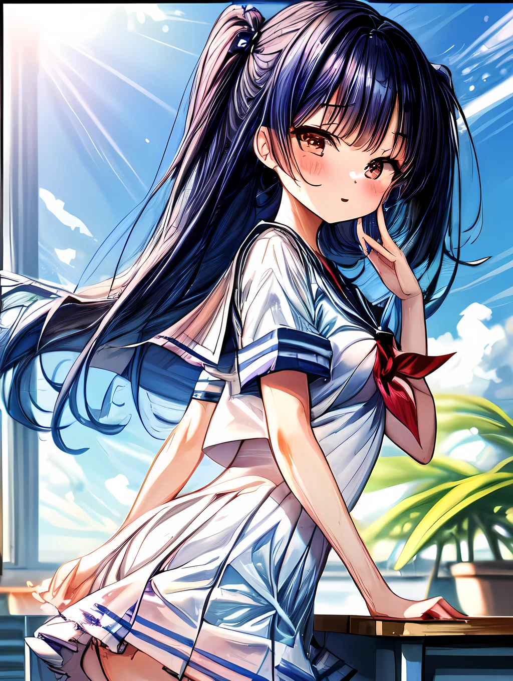 Create an image of a girl, sailor suit, classroom, vibrant blue sky. The image should capture the essence of summer, with a warm and sunny background. The girl should be in a typical summer pose, with a high-contrast effect and a subtle glow. The upper part of the screen should have a darker tone, gradually transitioning into a brighter tone towards the bottom.