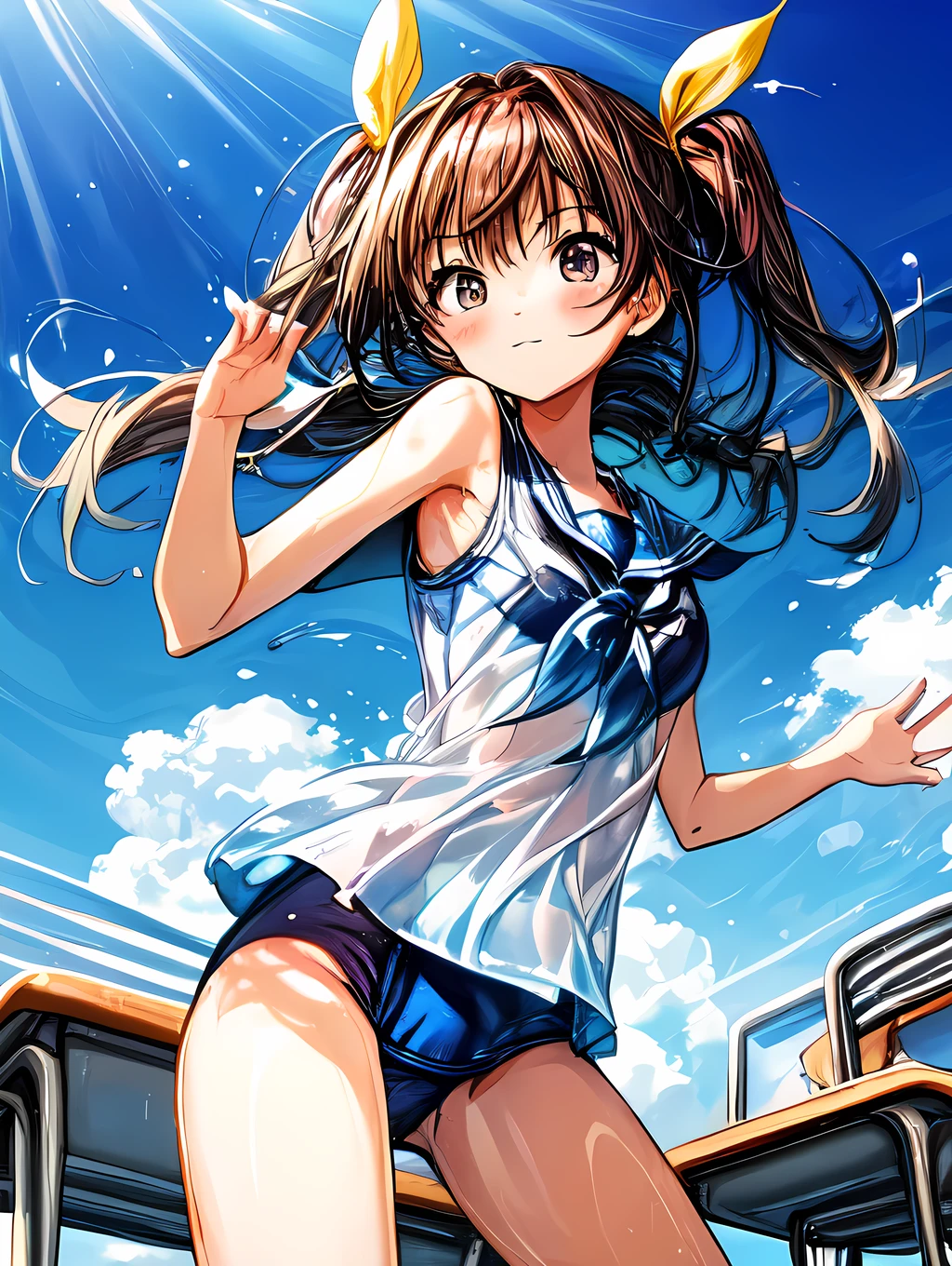 Create an image of a girl, school swimsuit, classroom, vibrant blue sky. The image should capture the essence of summer, with a warm and sunny background. The girl should be in a typical summer pose, with a high-contrast effect and a subtle glow. The upper part of the screen should have a darker tone, gradually transitioning into a brighter tone towards the bottom.