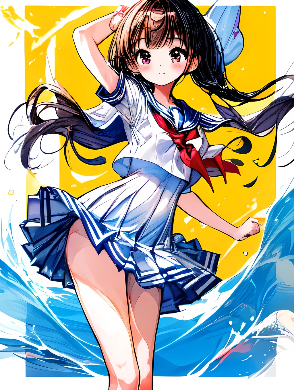Create an image of a girl, sailor suit, classroom, The image should capture the essence of summer, with a warm and sunny background. The girl should be in a typical summer pose, with a high-contrast effect and a subtle glow. The upper part of the screen should have a darker tone, gradually transitioning into a brighter tone towards the bottom.