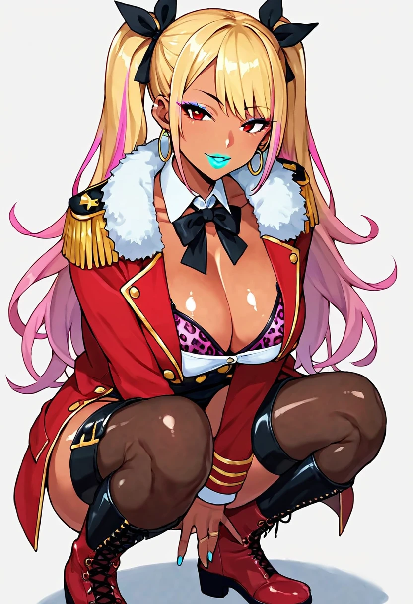 Score_9, score_8_up, score_7_up, score_6_up, gyaru, source_anime, 1girl, solo, white background, abstract rectangular background, upper body, looking at viewer, BREAK blonde hair, pink hair, (two-tone hair), large breasts, red eyes, thighhighs, long sleeves, dress, ribbon, cleavage, twintails, squatting, very long hair, collarbone, jacket, hair ribbon, thighs, boots, shiny, shiny skin, black ribbon, detached collar, buttons, thigh boots, short dress, red footwear, bra peek, leopard print jacket, epaulettes, red coat, fur trim, microdress, BREAK cyan highlights, hoop earrings, cyan lips, gyaru, makeup, eyeshadow,