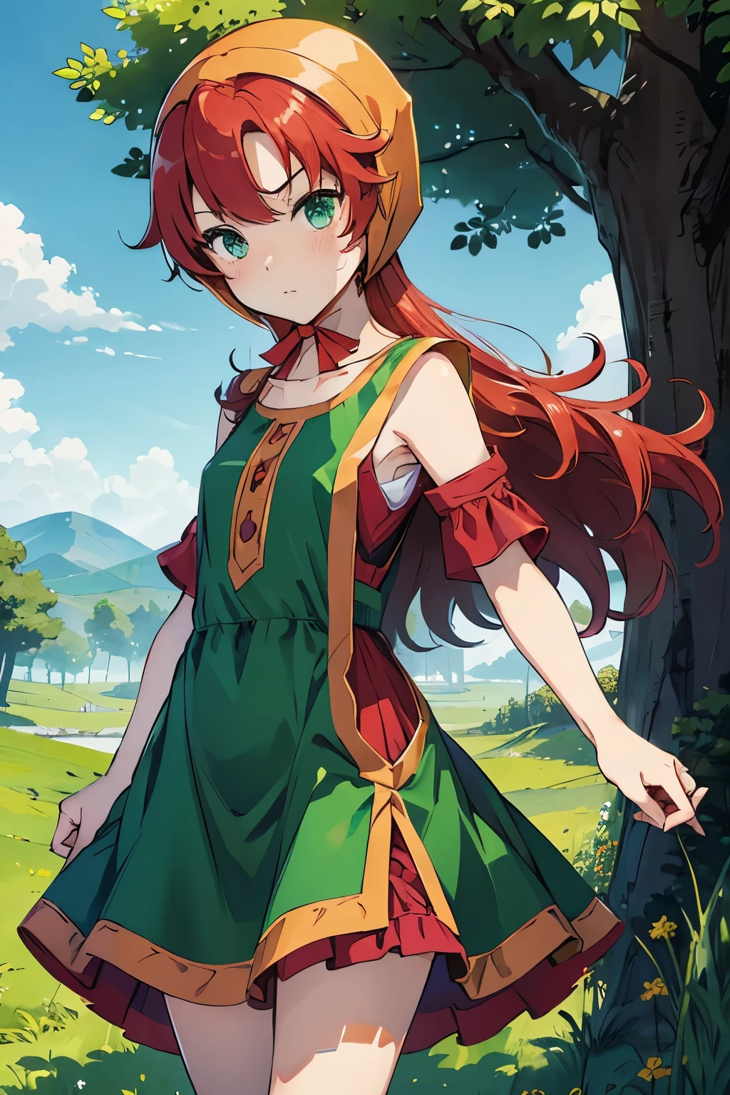 High resolution、highest quality、Small stature、Small shoulders、White skin、long hair、slender、maribel、 red hair、hood, (green dress)、Green Mini Dress、Big slit、blush、Thin thighs、Daytime Grassland