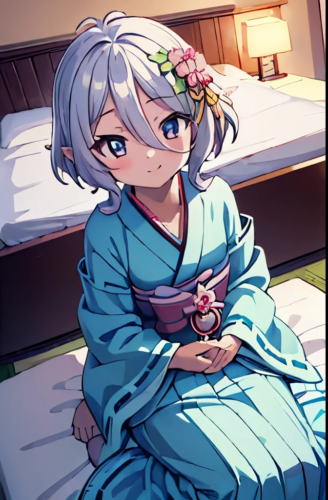 ((masterpiece)), ((best quality)), (ultra-detailed), anime style, on the bed, a cute girl, 1girl, solo, kimono, japanese cloth, ((beautiful eyes)), smile, ((open chest)),