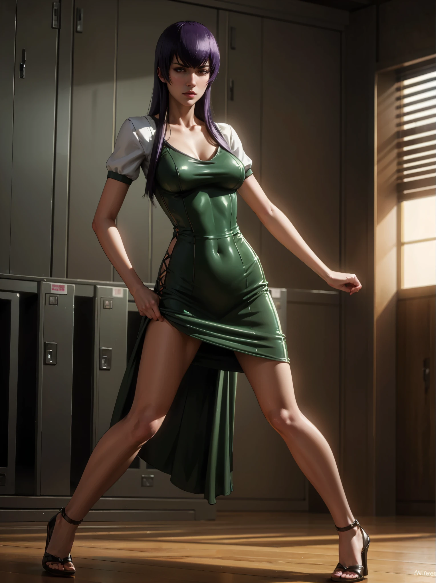 Very detailed, high quality, masterpiece, beautiful, saeko, long legs, 1 hand with wooden sword, 1 hand between the legs, long dress, avierto dress, long purple hair, high school dress, medra sword, sword in hand, full body, wide shot, gym, lockers, alone, closed room, style, (erotic atmosphere), very detailed, high quality, masterpiece, beautiful, 1 girl, standing, seen from below, prosthesis, sexy saeko, skirt, skirt moving, sword pointing, brown and green dress, full body, (best quality)), ((masterpiece: 1.2) ), (extremely detailed: 1.1), (8k, high quality, cinematic, hyper-realistic, illustration), (autodesk maya, octane rendering, unreal engine, game character, ray tracing, hdr), (16mm focal length, f/4 aperture, dynamic perspective, depth of field), (1 girl, dynamic angle , casting pose. saeko, big breasts and small hips, hidden masturbation, looking at the viewer, red cheeks, high heels, long open skirt, visible breasts and vagina, gym, benches and lockers around her), 3d, realistic, CG , 3D model, beautiful, elegant, safe (hdri, bloom, edge lighting, soft lighting, discreet.  ), zhongfenghua, delicate\(sex\)