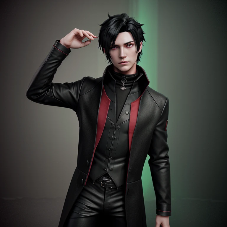 A handsome wizard with short black hair and black clothes with red details and green eyes, 3d anime style