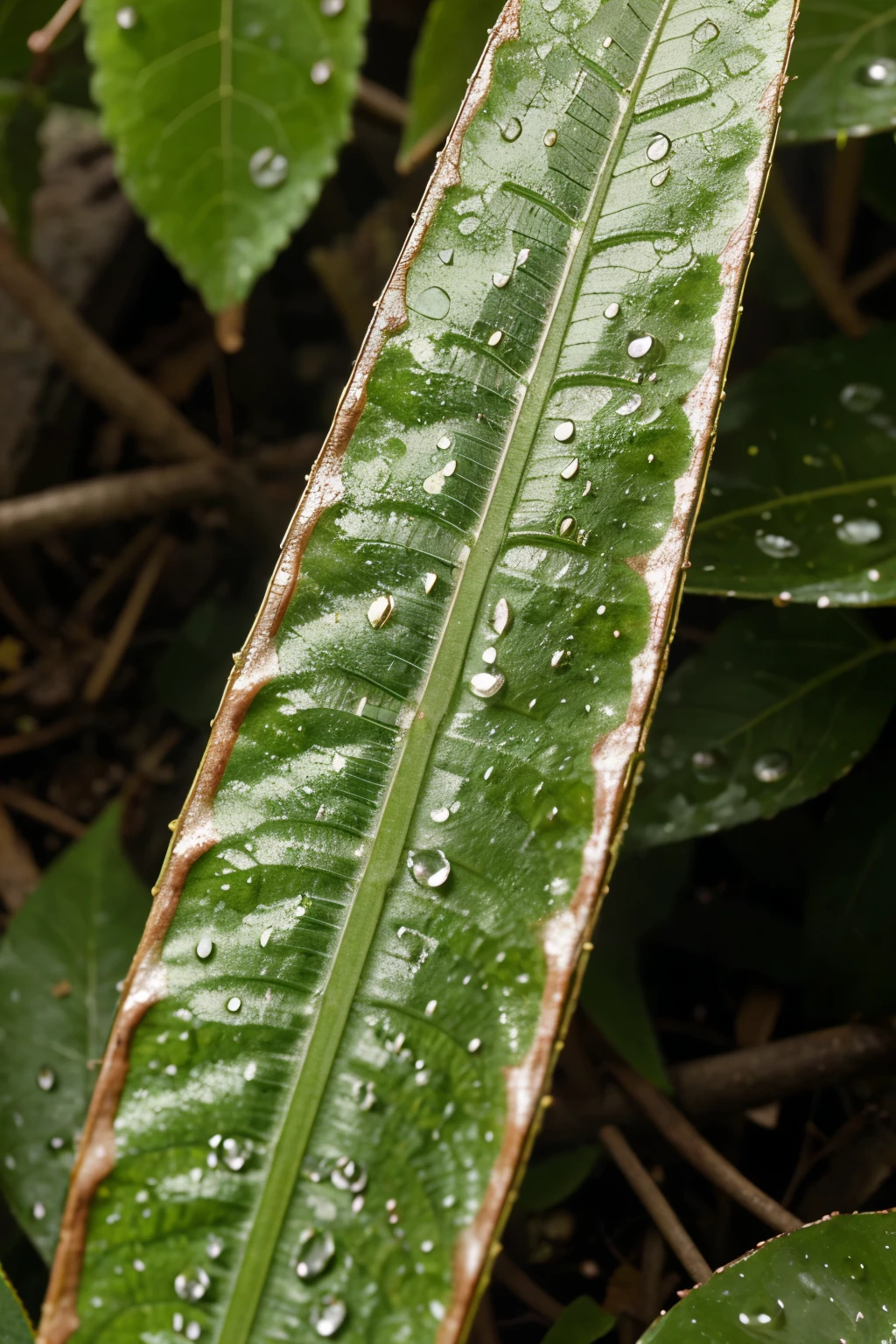 A high details Tack jumped from one leaf to another, with a backdrop of multiple leaves and water droplets.