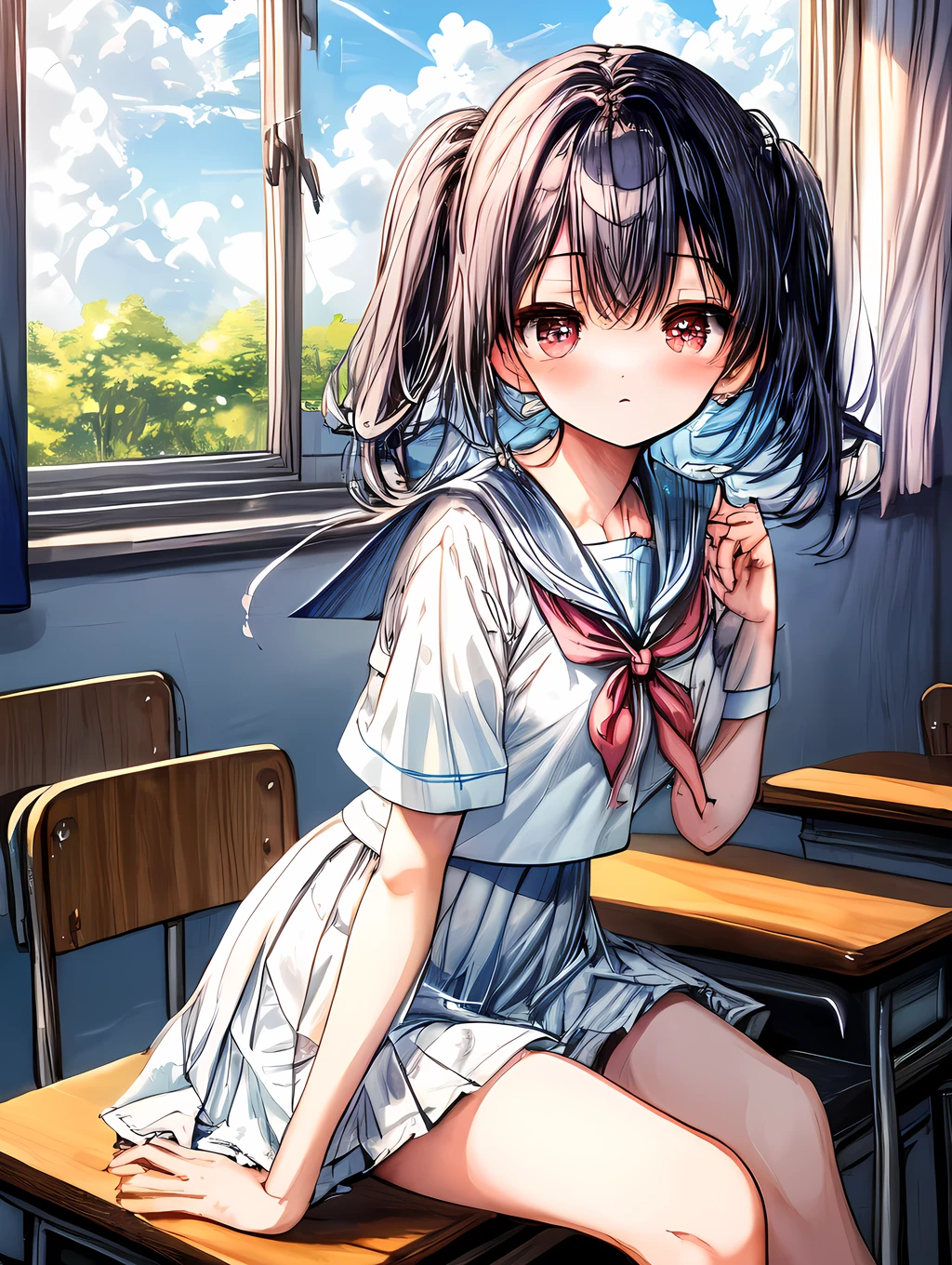 Create an image of a sitting girl, sailor suit, classroom, A person leaning on their hand and staring at you with a thoughtful expression. The image should capture the essence of summer, The girl should be in a typical summer pose, with a high-contrast effect and a subtle glow. The upper part of the screen should have a darker tone, gradually transitioning into a brighter tone towards the bottom.A beautiful scene of fluffy cumulus clouds entering through the window in the background.