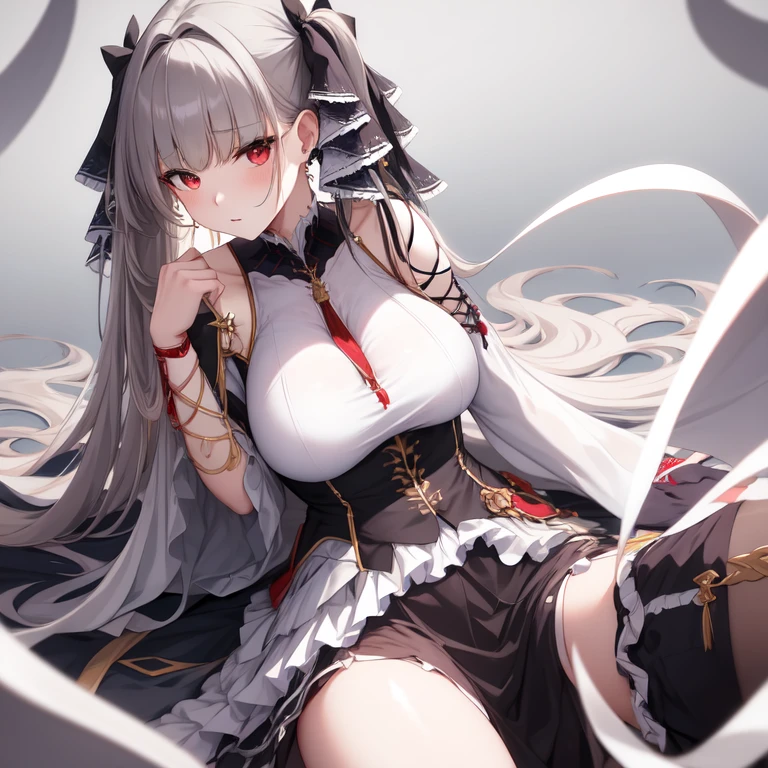 (masterpiece, Best quality1.2),illustration,8k,HD,1 Girl,Solitary,Upper Body,(portrait:1.2),long_hair,Large target_breast,Red_Eye,Very_long_hair,Bangs,Double tail,ribbon,grey_hair,cleveage,hair_ribbon,Two-color_ribbon,between_breast,Black_skirt,skirt,decorate,only_Shoulder,Frilly_skirt,long_sleeve,Two-color_skirt,jewelry,earrings,