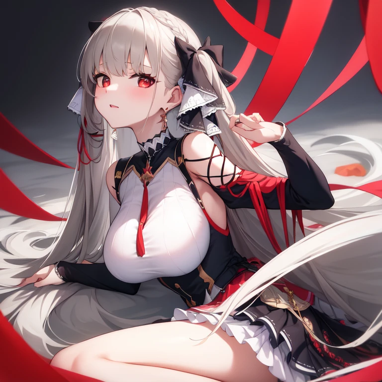 (masterpiece, Best quality1.2),illustration,8k,HD,1 Girl,Solitary,Upper Body,(portrait:1.2),long_hair,Large target_breast,Red_Eye,Very_long_hair,Bangs,Double tail,ribbon,grey_hair,cleveage,hair_ribbon,Two-color_ribbon,between_breast,Black_skirt,skirt,decorate,only_Shoulder,Frilly_skirt,long_sleeve,Two-color_skirt,jewelry,earrings,