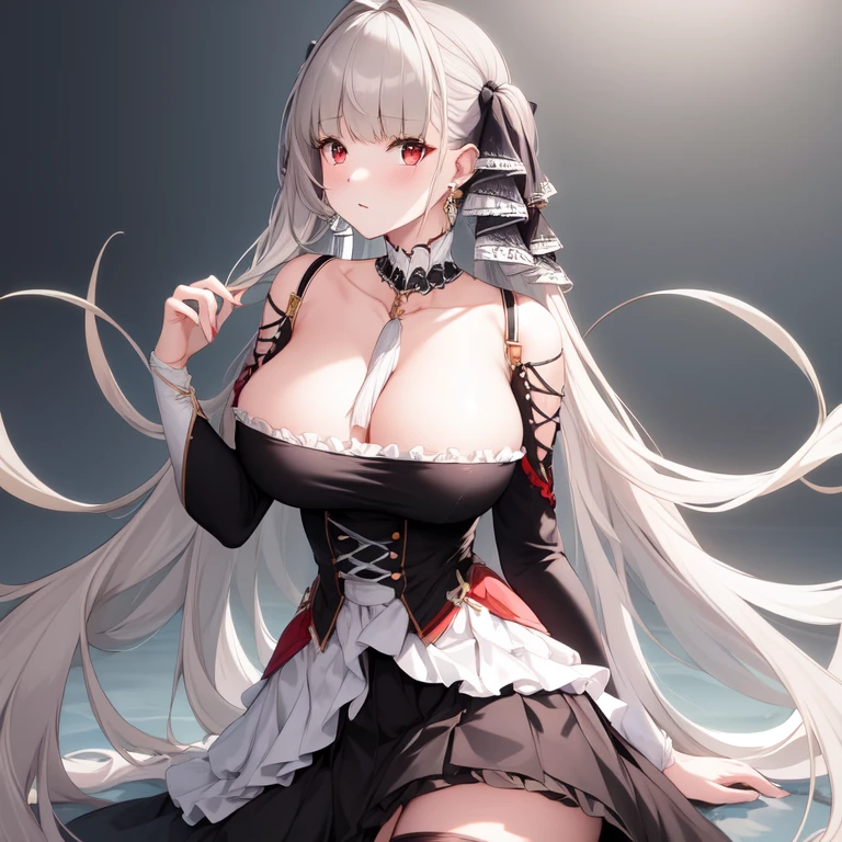 (masterpiece, Best quality1.2),illustration,8k,HD,1 Girl,Solitary,Upper Body,(portrait:1.2),long_hair,Large target_breast,Red_Eye,Very_long_hair,Bangs,Double tail,ribbon,grey_hair,cleveage,hair_ribbon,Two-color_ribbon,between_breast,Black_skirt,skirt,decorate,only_Shoulder,Frilly_skirt,long_sleeve,Two-color_skirt,jewelry,earrings,