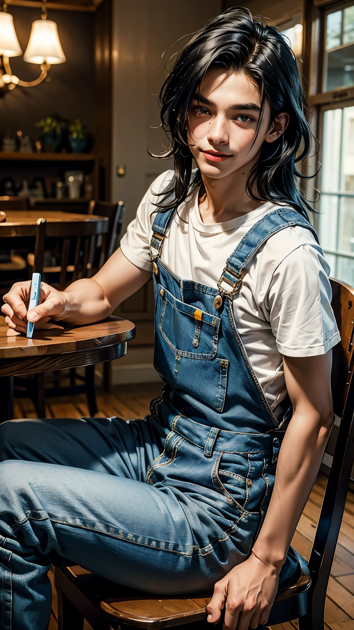 16-year-old boy wearing blue overalls, white pants and blue sneakers, his hair is black and long, his eyes are green, cute, 4k, long hair, American, sitting at a table eating sweets next to a butler, mansion, smile
