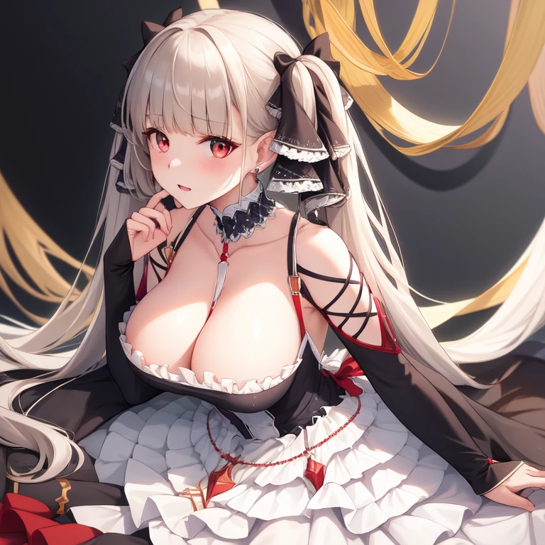 (masterpiece, best quality1.2),illustration,8k,hd,1girls,solo,upper body,(portrait:1.2),long_hair,large_breasts,red_eyes,very_long_hair,bangs,twintails,ribbon,grey_hair,cleavage,hair_ribbon,two-tone_ribbon,between_breasts,black_dress,dress,frills,bare_shoulders,frilled_dress,long_sleeves,two-tone_dress,jewelry,earrings,