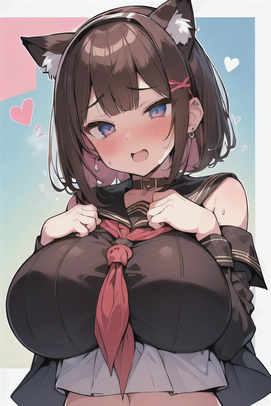 (anime art style:1.0), 2d, masterpiece, best quality, very aesthetic, absurdres, dynamic shadows, atmosferic, yunyun, 1girl, solo, brown hair, low twintails, crown braid, long hair, red eyes, detailed eyes, hair between eyes, bangs, medium breasts, curvy body, makeup, blush, pink necktie, necktie between breasts, (pink skirt:0.7), (white skirt:0.5), hair ornament, red hair bow, belt, black jacket, cleavage cutout, juliet sleeves, red thighhighs, black panties, collarbone, ahegao, tongue, saliva, cowboy shot, from below, squatting, double v, (looking at viewer:1.0), white background, simple background