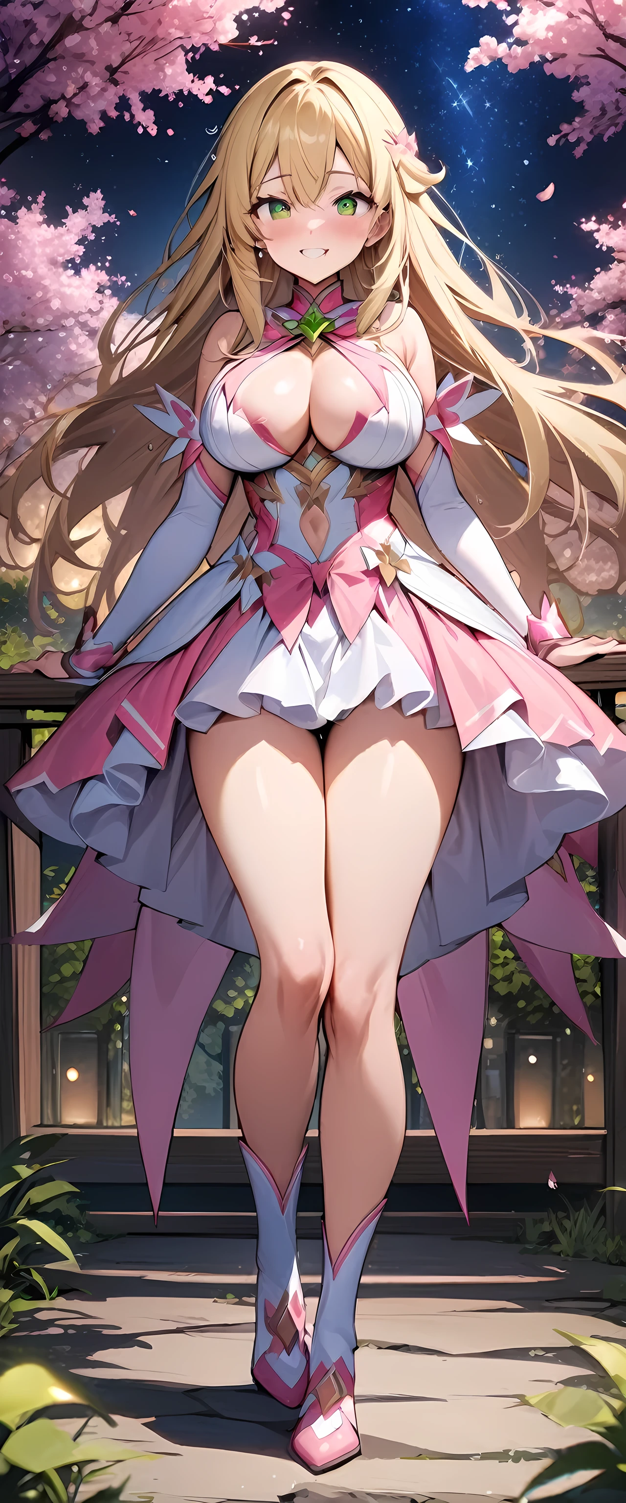 (masterpiece:1.3), best quality, expressive eyes, perfect face,1girl, ([Diamonds: 1.3|The eye]:1.2), pink magical girl outfit,(blonde hair),(green eyes),long hair,straight,(big breasts),full body,garden、cherry trees、(Hair drops:1.3) 、standing,(night:1.1).(starry sky:1.1),smiles