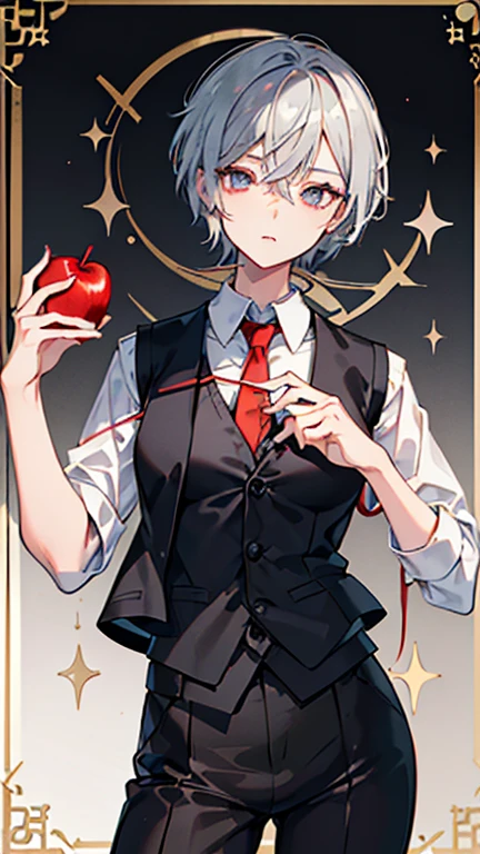 female　grey hair　((caramel eyes))　short hair　in the classroom　white shirt　Pose with movement　one person　((Black vest　Doctor Gown red ribbon tie pant Decisive pose　masterpiece))　Highest image quality　noise removal　clear parts 　cinematic shadow　Increased attractiveness of the eyes　clear parts the shine of the eyes　Draw eyelashes neatly　perfect eyes　detailed eyes　Sharpen image quality　Sharpen eye writing　clear parts eye shape, ((with glass chess motif at the center with a stylized ornament in the background)), chains, ((chains in background)), ((grasping the chain in left hand)) , ((holding a prefect apple in one hand, 1solo apple)), ((beautiful playing card border with wild card motif))