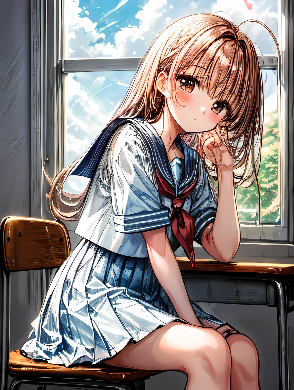 Create an image of a sitting girl, sailor suit, classroom, A person leaning on their hand and staring at you with a thoughtful expression. The image should capture the essence of summer, The girl should be in a typical summer pose, with a high-contrast effect and a subtle glow. The upper part of the screen should have a darker tone, gradually transitioning into a brighter tone towards the bottom.A beautiful scene of fluffy cumulus clouds entering through the window in the background.