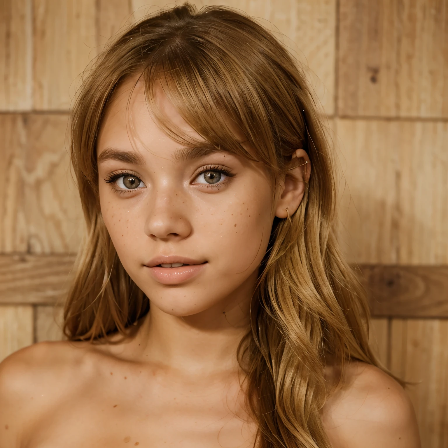 21 year old girl with honey blonde hair, light brown skin, deep drown eyes with long lashes and freckles similar to alexis ren