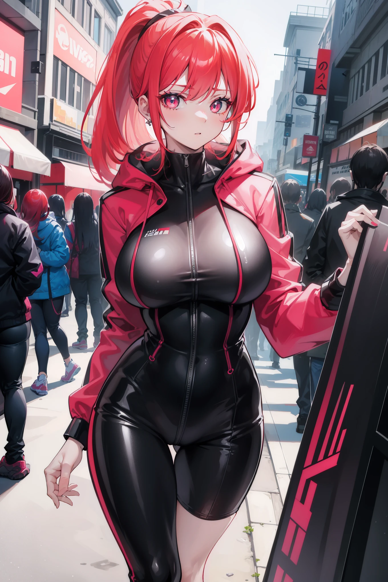 A breathtaking digital art piece showcases a redheaded woman with a scared and embarrassed expression, her hair pulled back into a tight ponytail. Her bright, super-detailed eyes are framed by long lashes, and her full lips are painted a bold, fiery red. With a chiseled physique and wide hips, she commands attention in her closed black leather jumpsuit, the shiny surface accentuating every curve. A windbreaker with a hood and a vibrant neon pink interior covers her shoulders, adding a pop of color to the otherwise monochrome outfit. As she walks down the bustling street, her every move attracts intrigued glances from onlookers. This high