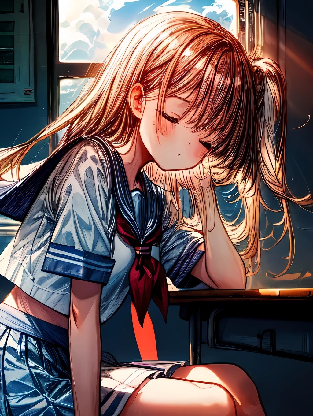 Create an image of a sitting girl who is sleeping in a classroom during the day, sailor suit, classroom, A person leaning on their hand and staring at you with a thoughtful expression. The image should capture the essence of summer, The girl should be in a typical summer pose, with a high-contrast effect and a subtle glow. The upper part of the screen should have a darker tone, gradually transitioning into a brighter tone towards the bottom.A beautiful scene of fluffy cumulus clouds entering through the window in the background.