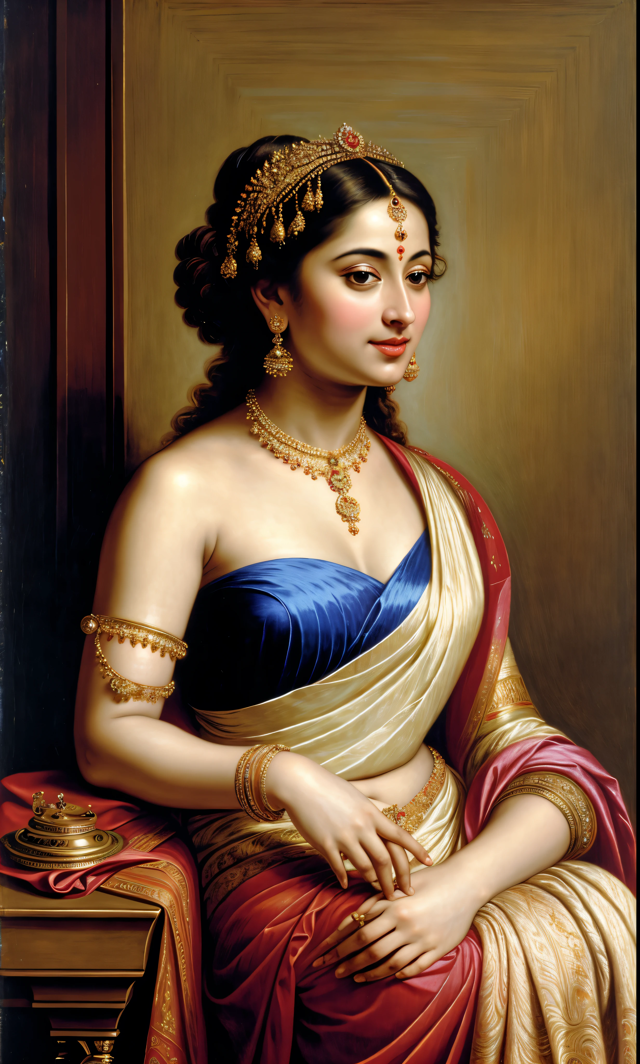 Beautiful Indian Woman, wearing saree, sari Beauty, gorgeous, Apsara, Maharani, royal queen woman, nymph from Hindu Mythology, Urvashi, matchless beauty, Highly detailed, Oil Painting by Peter Paul Rubens inspired by Raja Ravi Varma, Matchless beauty, captivating, gorgeous, heavenly beauty, celestial beauty, by Peter Paul Rubens, 13, realistic, hyper realistic, micro details, incredible artwork, insane details, ultra High resolution, 8k, 32k, acrylic on canvas, intricate, flawless, detailed, detailed face, detailed eyes, masterpiece, by Peter Paul Rubens, by Caravaggio, by William Adolphe bouguereau, perfect face, perfect body, beautiful art, realism, baroque, renaissance Art, highly textured, beautiful and detailed eyes, uhd, best quality,