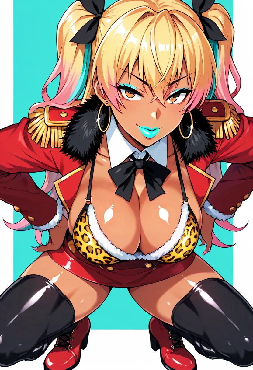 Score_9, score_8_up, score_7_up, score_6_up, gyaru, source_anime, 1girl, solo, white background, abstract rectangular background, upper body, looking at viewer, BREAK blonde hair, pink hair, (two-tone hair), large breasts, igawa_asagi, thighhighs, long sleeves, dress, ribbon, cleavage, squatting, very long hair, collarbone, jacket, hair ribbon, thighs, boots, shiny, shiny skin, black ribbon, detached collar, buttons, thigh boots, short dress, red footwear, bra peek, leopard print jacket, epaulettes, red coat, fur trim, microdress, BREAK cyan highlights, hoop earrings, cyan lips, gyaru, makeup, eyeshadow,
