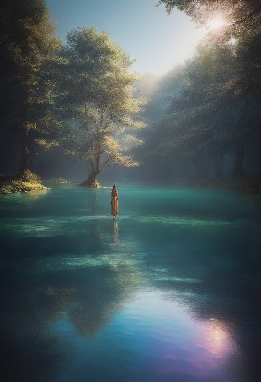 floating, serene water, gentle ripples, clear reflection, peaceful atmosphere, soft sunlight, tranquility, weightless, calm, dreamlike, ethereal, surreal, minimalistic, abstract, vibrant colors, subtle gradients, smooth blending, delicate details, masterful brushstrokes, impressionistic, serene landscapes, poetic, harmonious composition, serene figure, contemplative, boundless horizon, limitless possibilities, transcendent, infinite .