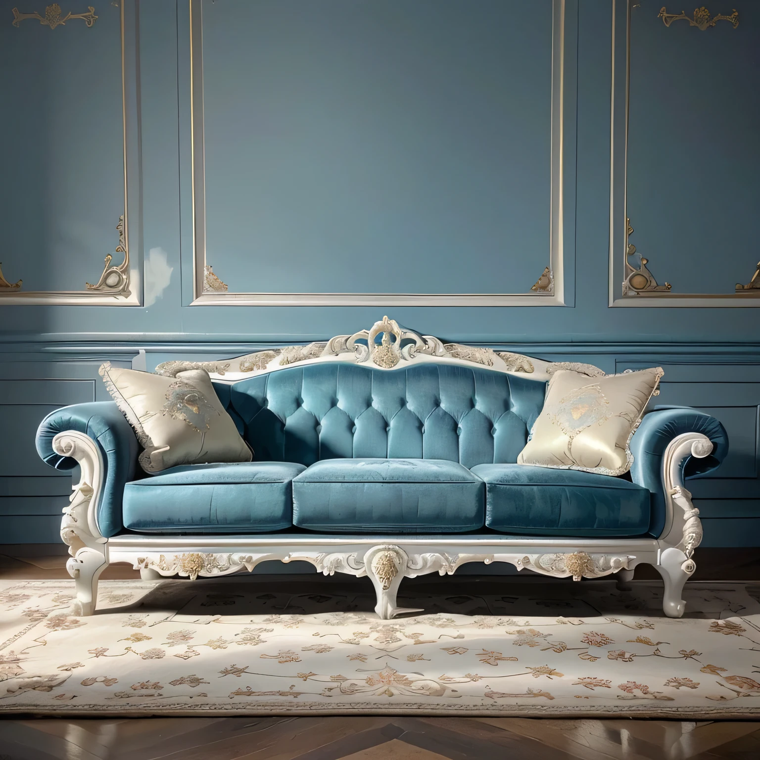 a close up of a couch with pillows on a rug, luxury furniture, elegant furniture, rococo baroque, lavish rococo baroque setting, rococo and baroque styles, white and sky blue elegant baroque design, ornate furniture, lounging on expensive sofa, elegant baroque, baroque style, french provincial furniture, the style of rococo, dark teal couch, rococo style, furniture and decor