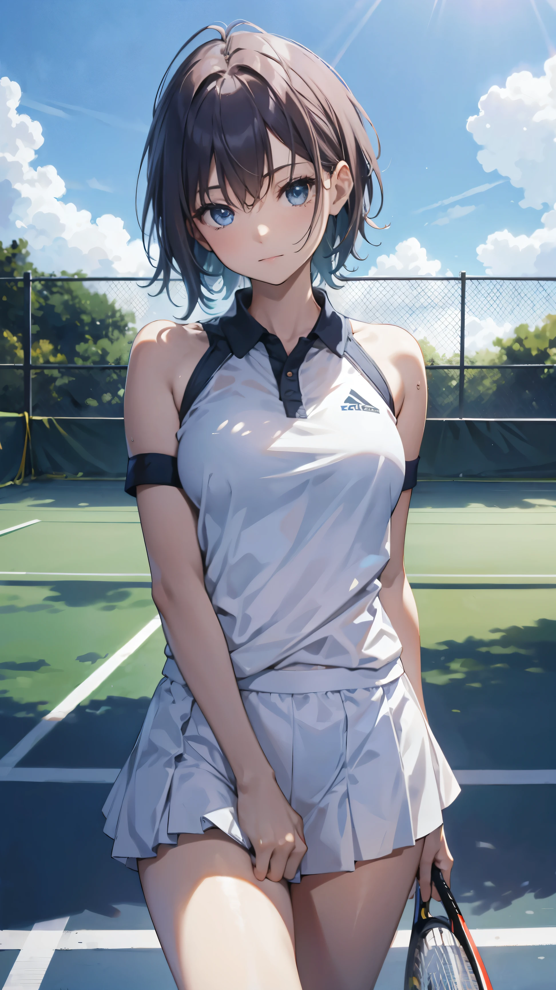 Official Art, unity 8k wallpaper, Very detailed, masterpiece, highest quality, 1 female, (Very detailed),(RAW Photos、highest quality)、(Realistic、Photorealistic:1.3)、Attention to detail、顔のVery detailed複雑な 3D レンダリング、(Very detailed肌:1.2)、Dynamic Angle, Fire glow effect, Professional Lighting, Side light, Cinematic Light, 超A high resolution, 8k , Film Grain,Best Shadow, Particles of light, Fine skin, Detailed face, Intricate details, Very detailed, Shine, please remember、whole body, Tennis court、Beautiful Face、Blurred Background、18 year old beautiful girl、Shiny skin、thin、Nice body、Delicate body、Thin legs、Narrow waist、Tennis uniform、White panties、Sweat、Daytime、