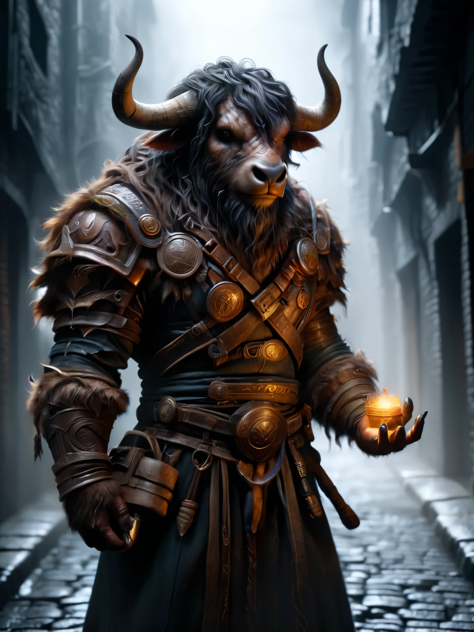 tauren, Asesino tauro, female tauren, Standing in a dark alley, holding a holy relic in his left hand, mirando sus manos, vistiendo ropa de cuero, pelaje oscuro, correas de cuero en sus brazos 