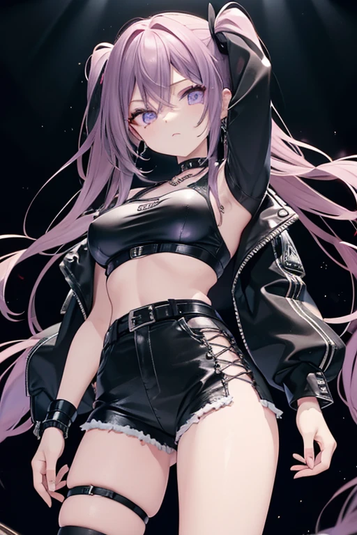 (Obra maestra:1.2), Mejor calidad, (illustration:1.2), (ultra detallado), hiper detalles, (delicado detallado), (detalles intrincados), (cinematic light, Mejor calidad Backlights), Delete line, solista, Cuerpo perfecto, (1 chica), Anime style of a young ager with long, straight purple hair that falls to her waist, with streaks of darker purple running through it. Her eyes are a striking shade of gold, with a piercing gaze and almond-shaped. She has a fair complexion with a few faint freckles across her cheeks. She is dressed in punk fashion, wearing a cropped leather jacket adorned with studs and patches. She pairs it with ripped black skinny jeans and combat boots, laced up with thick chains. Underneath the jacket, she wears a torn band t-shirt featuring her favorite punk band. She has fishnet stockings peeking out from under her jeans and multiple silver hoop earrings lining her ears., (constituir), alto contraste, (mejor iluminacion, un extremadamente creado y hermoso), (cinematic light), vistoso,