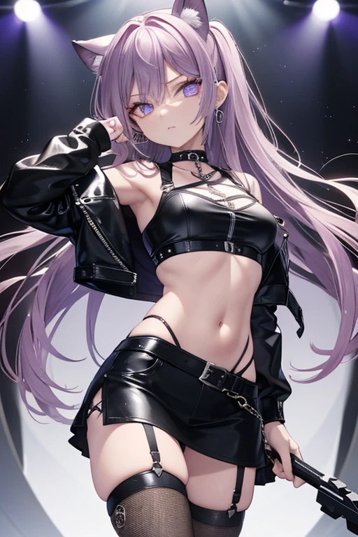 (Obra maestra:1.2), Mejor calidad, (illustration:1.2), (ultra detallado), hiper detalles, (delicado detallado), (detalles intrincados), (cinematic light, Mejor calidad Backlights), Delete line, solista, Cuerpo perfecto, (1 chica), Anime style of a young teenager with long, straight purple hair that falls to her waist, with streaks of darker purple running through it. Her eyes are a striking shade of gold, with a piercing gaze and almond-shaped. She has a fair complexion with a few faint freckles across her cheeks. She is dressed in punk fashion, wearing a cropped leather jacket adorned with studs and patches. She pairs it with ripped black skinny jeans and combat boots, laced up with thick chains. Underneath the jacket, she wears a torn band t-shirt featuring her favorite punk band. She has fishnet stockings peeking out from under her jeans and multiple silver hoop earrings lining her ears., (constituir), alto contraste, (mejor iluminacion, un extremadamente creado y hermoso), (cinematic light), vistoso,