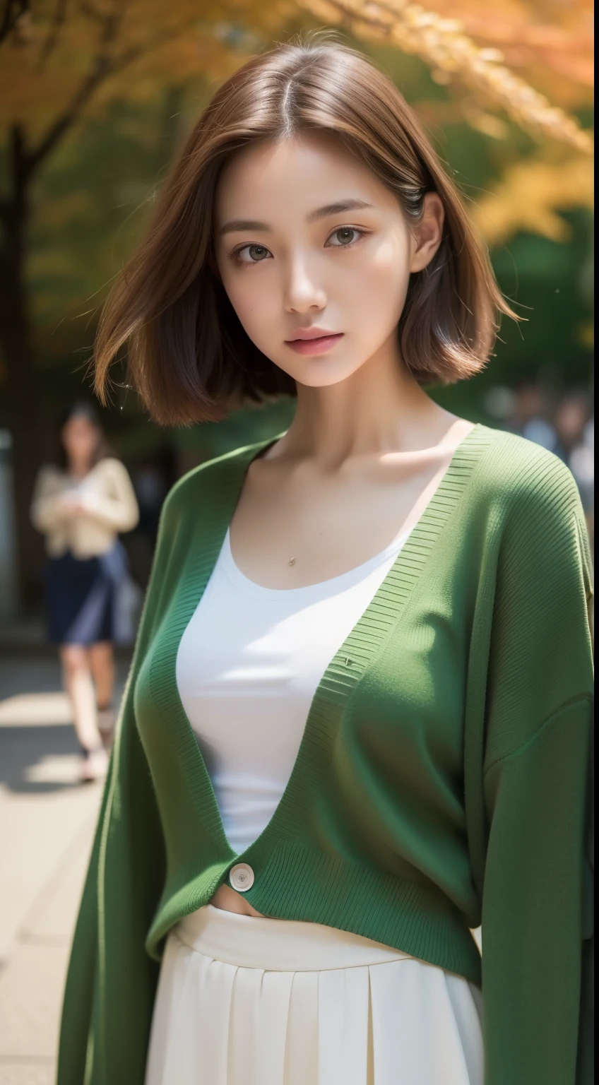 (photographed:1.2)、(Photorealsitic:1.4)、(masterpiece:1.3)、(top-quality:1.4)、超A high resolution、(A detailed eye)、(detailed facial features)、(detailed clothes features)、8K resolution、solofocus、bangss、Double eyelids、Beautiful lips、toned legs、(Slender girl)、(a japanese girl)、(Japan Faces)、1 girl in、Slim Beauty:1.3、brown haired、Delicate hair、The background is a row of ginkgo trees、(((Autumn clothes、white t-shirts、Green long sleeve cardigan、long skirt)))、In the street、(Beautiful breasts:1.2)、Realistic body、de pele branca、Slim body、(short-hair:1.2)、(bangss: 1.2)、Bruises and ugly face、kawaii faces、Lifelike face、Delicate body、((sexy pose))、stunning lighting