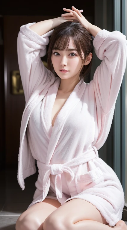 An innocent 18-year-old girl、((Random color bathrobe,Dramatic Pose)),cute face,Bright Eyes,Tear bags,はにかんだ笑face,Shortcuts,Hotel Background,RAW Photos, (8k、highest quality、masterpiece:1.2)、(Intricate details:1.4)、(Realistic:1.4)、Octane Rendering、Intricate 3D rendering Very detaileded, Soft studio light, Rim Light, Crisp details, Very detailed, Realistic skin texture, face, Beautiful eyes in every detail, Very detailedな CG Unity 16k 壁紙, Compensate, (Detailed Background:1.2), Shiny skin, whole body、Drawing from head to toe,((Raise hands and arms,Kneeling,I can see your thighs))、Sweaty skin、Hot body、just out of the bath、Laughing out loud