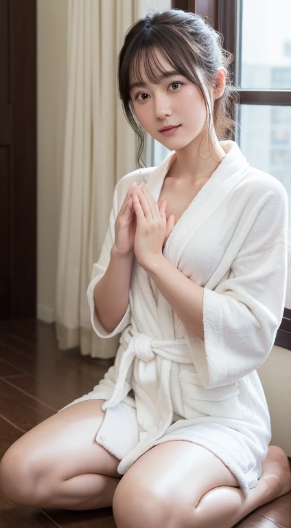 An innocent 18-year-old girl、((Random color bathrobe,Dramatic Pose)),cute face,Bright Eyes,Tear bags,はにかんだ笑face,Shortcuts,Hotel Background,RAW Photos, (8k、highest quality、masterpiece:1.2)、(Intricate details:1.4)、(Realistic:1.4)、Octane Rendering、Intricate 3D rendering Very detaileded, Soft studio light, Rim Light, Crisp details, Very detailed, Realistic skin texture, face, Beautiful eyes in every detail, Very detailedな CG Unity 16k 壁紙, Compensate, (Detailed Background:1.2), Shiny skin, whole body、Drawing from head to toe,((Raise hands and arms,Kneeling,I can see your thighs))、Sweaty skin、Hot body、just out of the bath、Laughing out loud