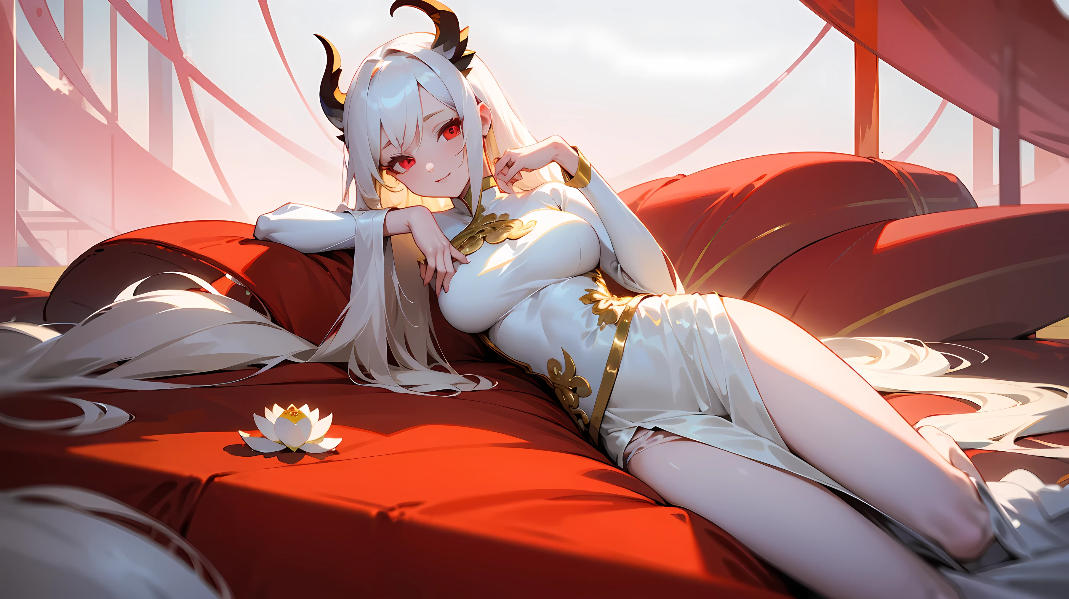 (best quality,highres,masterpiece:1.2),(flatten art:0.75), masterpiece, best quality, 1woman, Anime, darker environment, white horns, long straight white hair, golden hair ornaments, white ao dai, red demon eyes, large breast, enticing, night, dark, pink lotus pool, looking at viewer, solo, faint moonlight, smirks, close-up