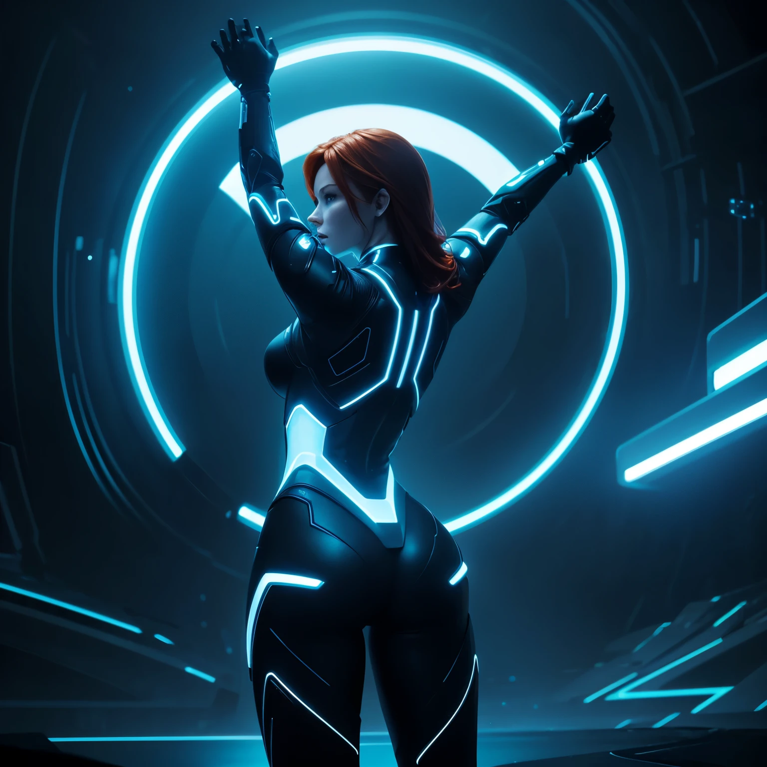 Tron legacy redhead, at the light portal, back view, holding a memory disc over her head, arms in the air, power pose, blue and white neon lights , dark lighting, dystopian setting, photorealistic, ultra high quality, depth of field, tron cityscspe, sfw