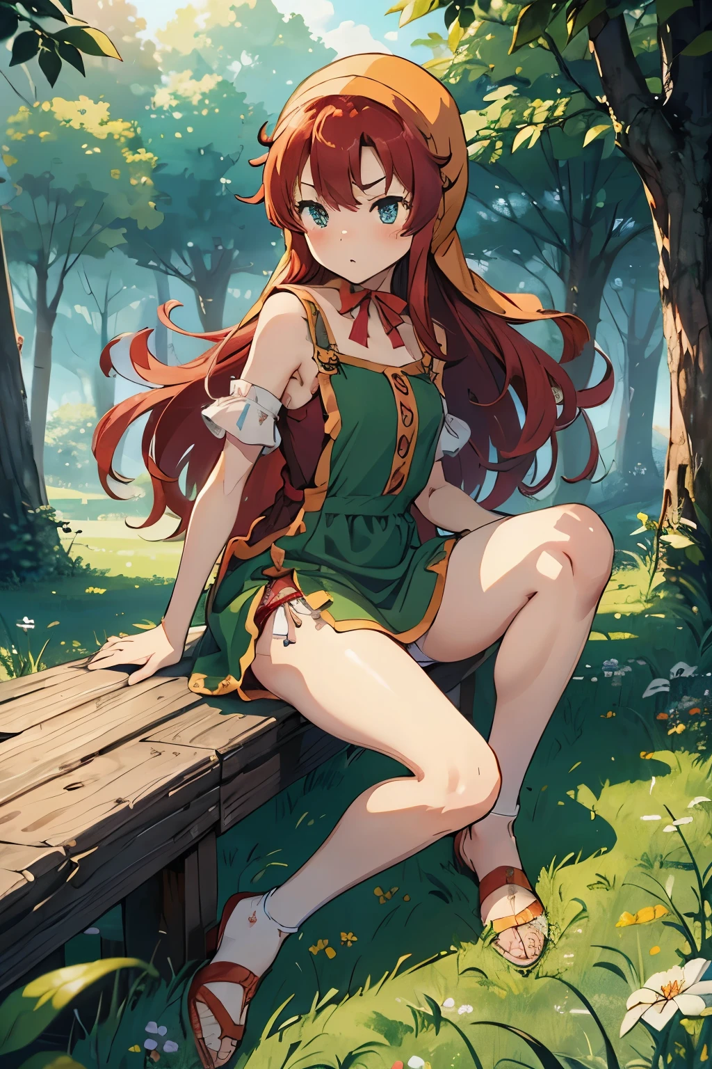 High resolution、highest quality、Small stature、Small shoulders、White skin、long hair、slender、maribel、 red hair、hood, (green dress)、Green Mini Dress、blush、Thin thighs、Crouching panty shot、(White panties)、Daytime Grassland