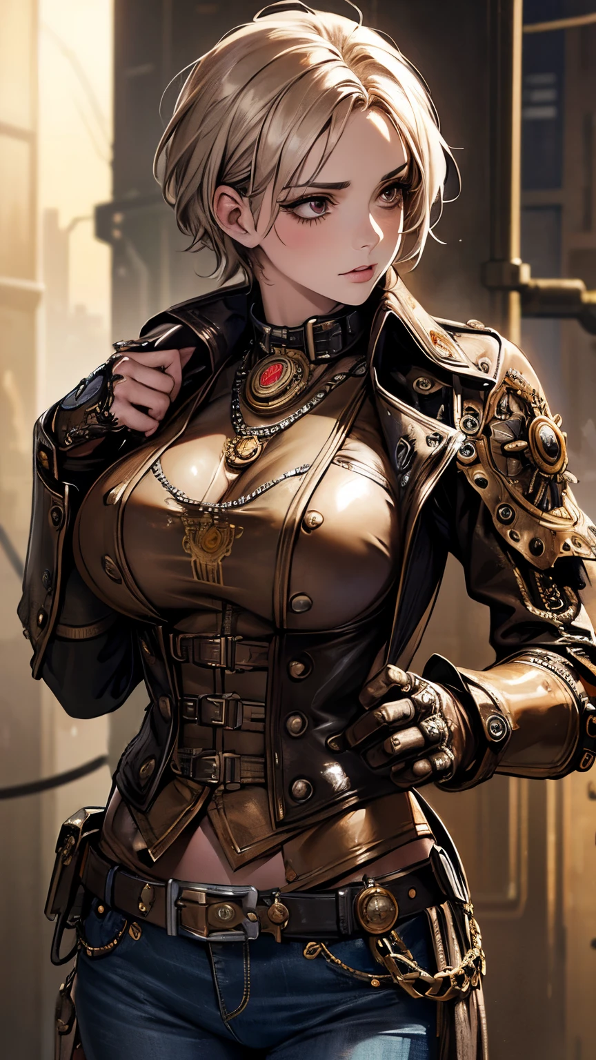 bust-up image, best quality, super fine, 16k, incredibly absurdres, extremely detailed, golden ratio, beautiful woman, beautiful realistic round face, seductive expression, beautiful light brown messy short hair, beautiful hairstyle, beautiful realistic eyes, beautiful realistic skin, wearing silver plated chain mail, distressed short jeans pants, (background steampunk, dieselpunk, clockpunk, cyberpunk, gear:1.2)