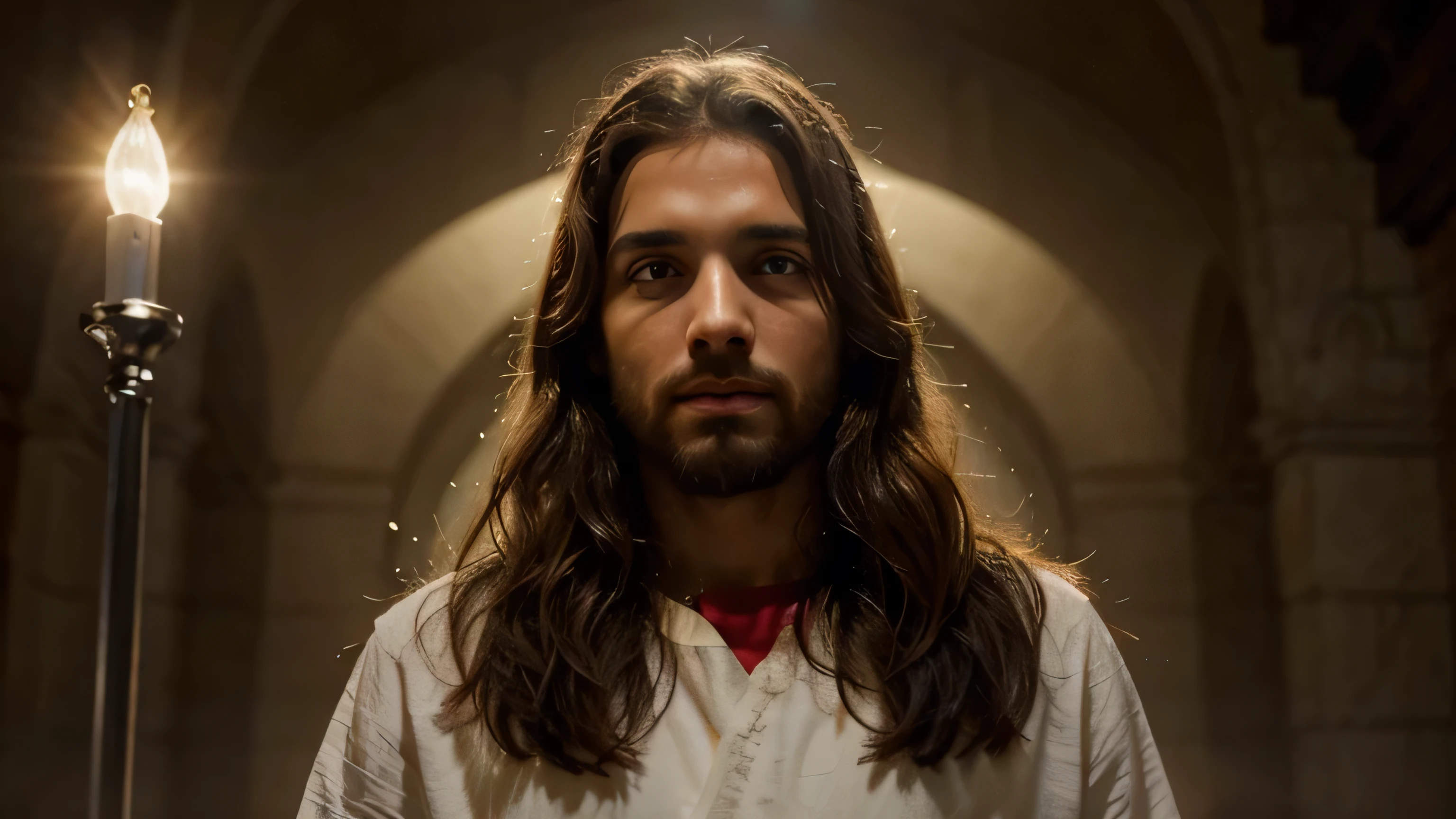 Desenhe uma imagem de Jesus Cristo com um semblante luminoso e acolhedor, envolto em uma aura de luz suave. Ele deve ser retratado de maneira serena e compassiva, with eyes expressing understanding and love. The light around him should radiate a sense of peace and hope, transmitindo a ideia de sua divindade e bondade para aqueles que olham para a imagem."