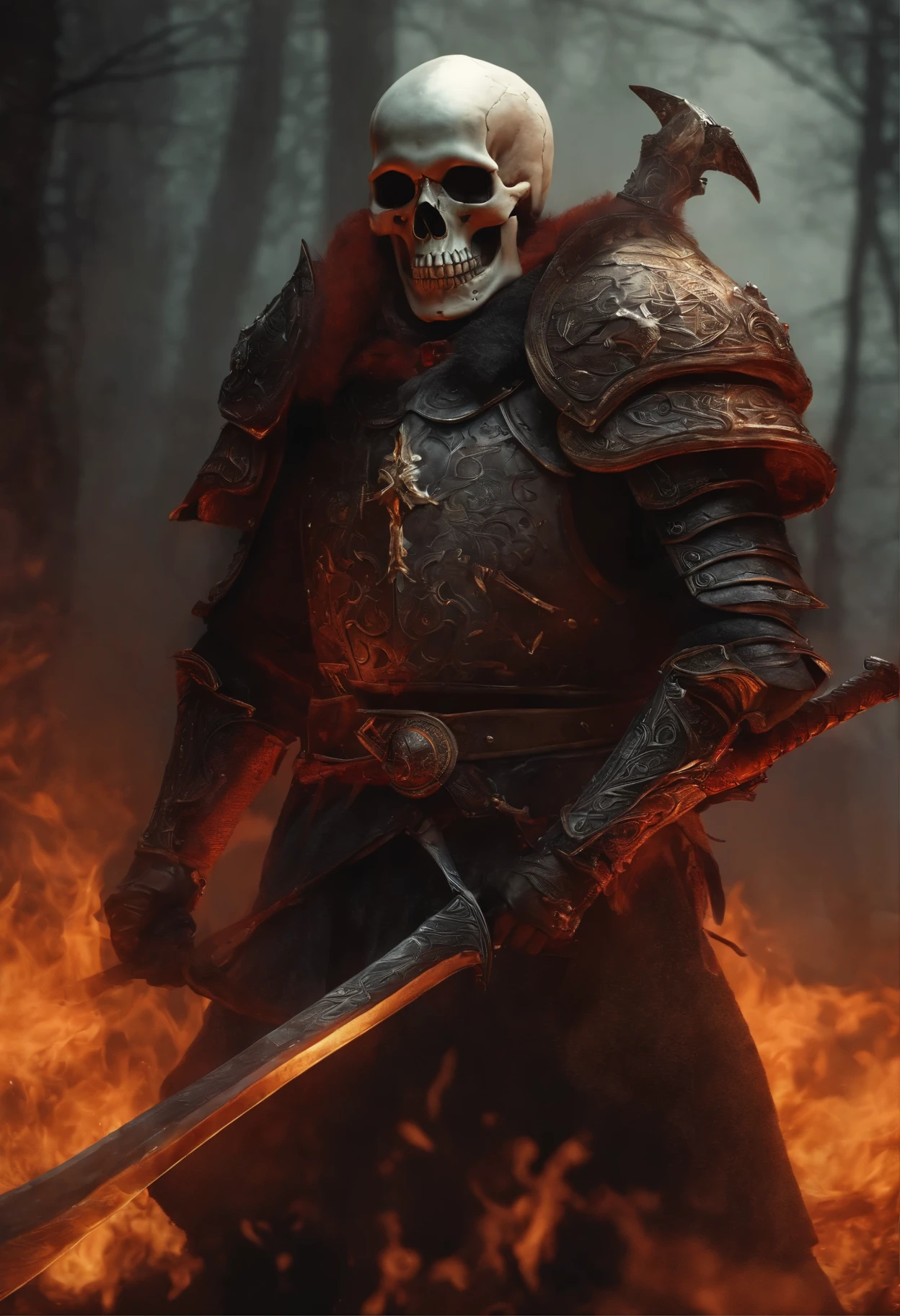 skull, flames, florest, medieval, gigant, axe, armor, fog,