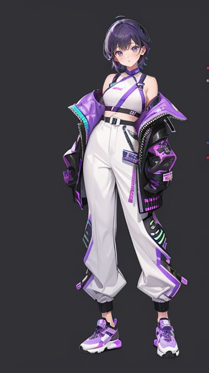 Purple Hair,Shortcuts,girl,1 person,((Harness)),pants,sneakers,((cyber punk)),Simple Background,smile,Full Body,,((full body)),,Character portrait,Character Sheet